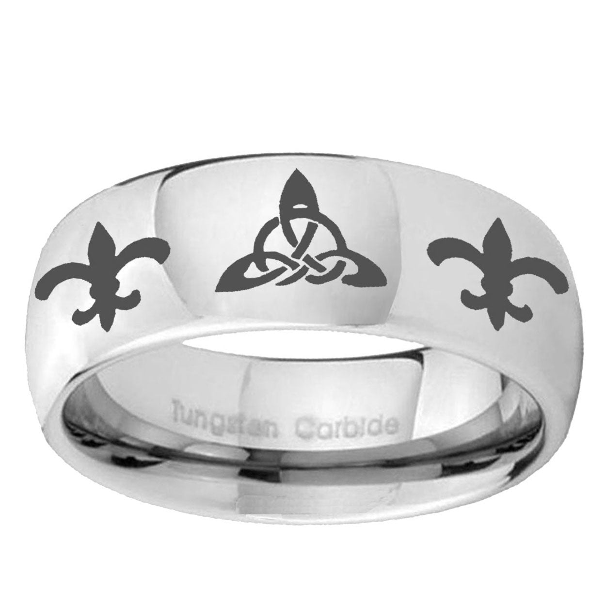 10mm Celtic Triangle Fleur-De-Lis Mirror Dome Tungsten Ring