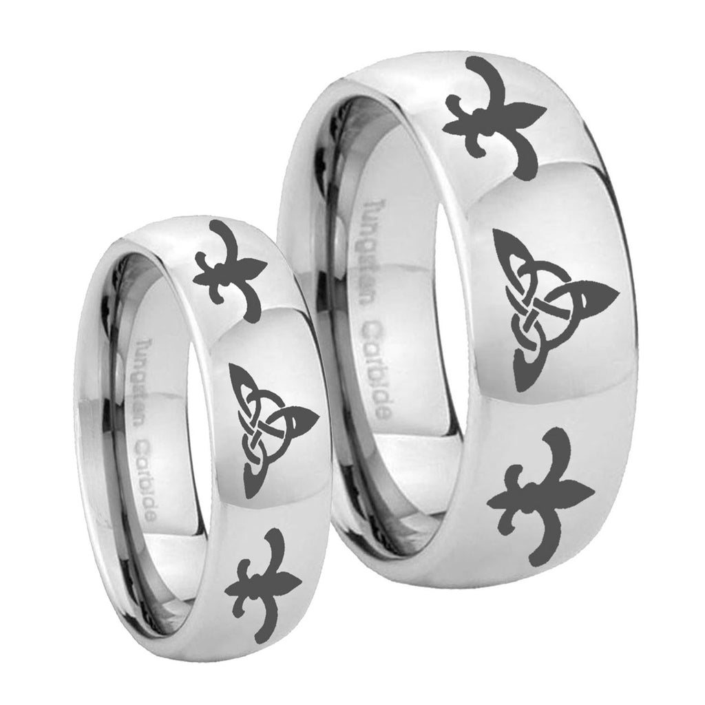 Celtic Triangle Fleur De Lis Mirror Dome Tungsten Bridal Set Rings