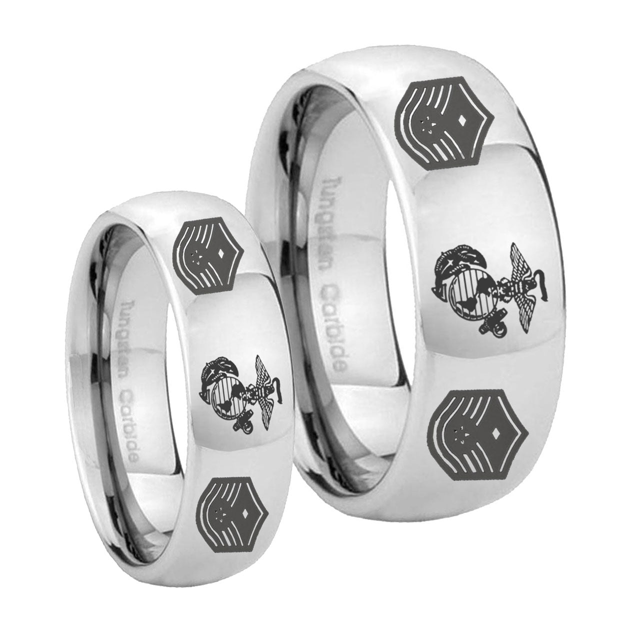 Marine Chief Master Sergeant Mirror Dome Tungsten Bridal Ring Sets
