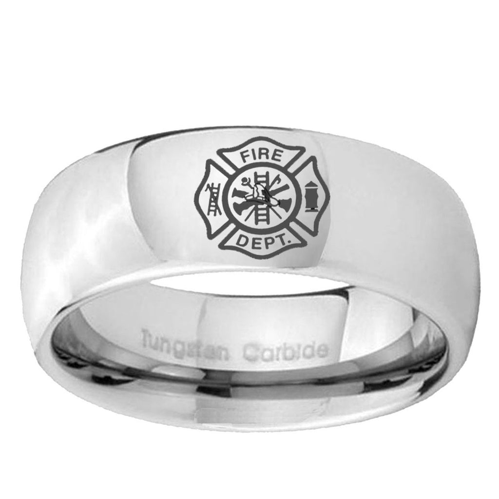 5MM Fire Department Dome Polish Silver Tungsten Engraved Ring