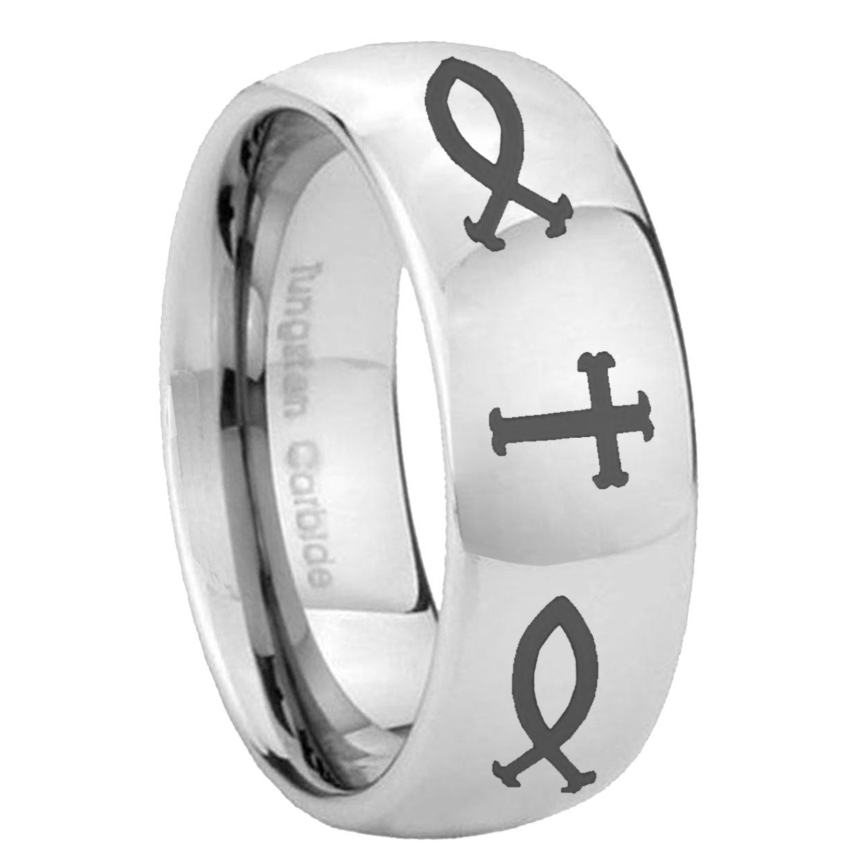 8MM Fish And Cross Dome Polish Silver Tungsten Mens Engagement Ring