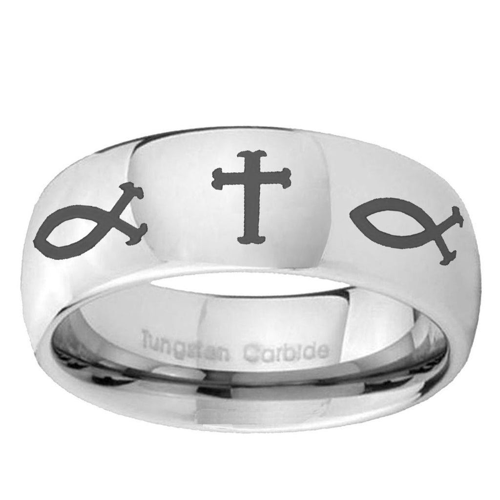 10mm Fish & Cross Mirror Dome Tungsten Carbide Custom Ring for Men
