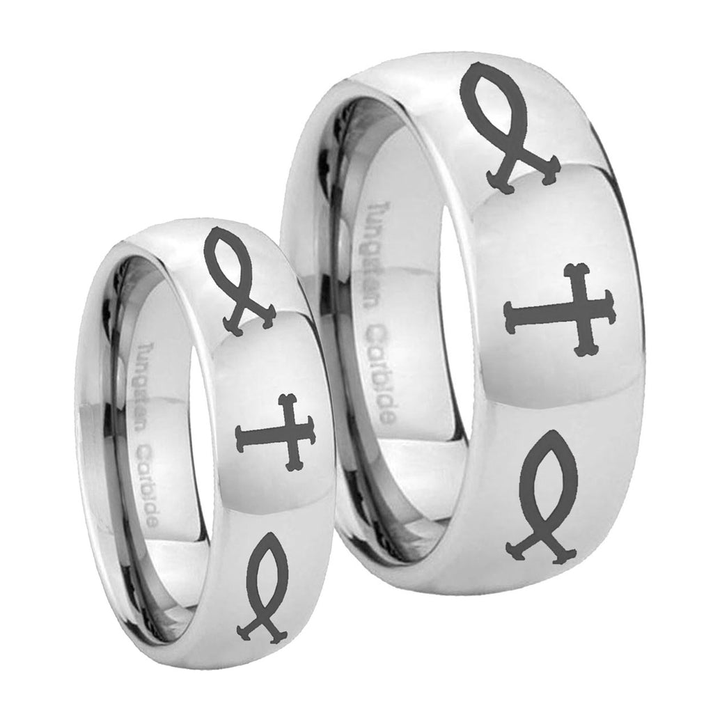 Fish & Cross Mirror Dome Tungsten His and Hers
