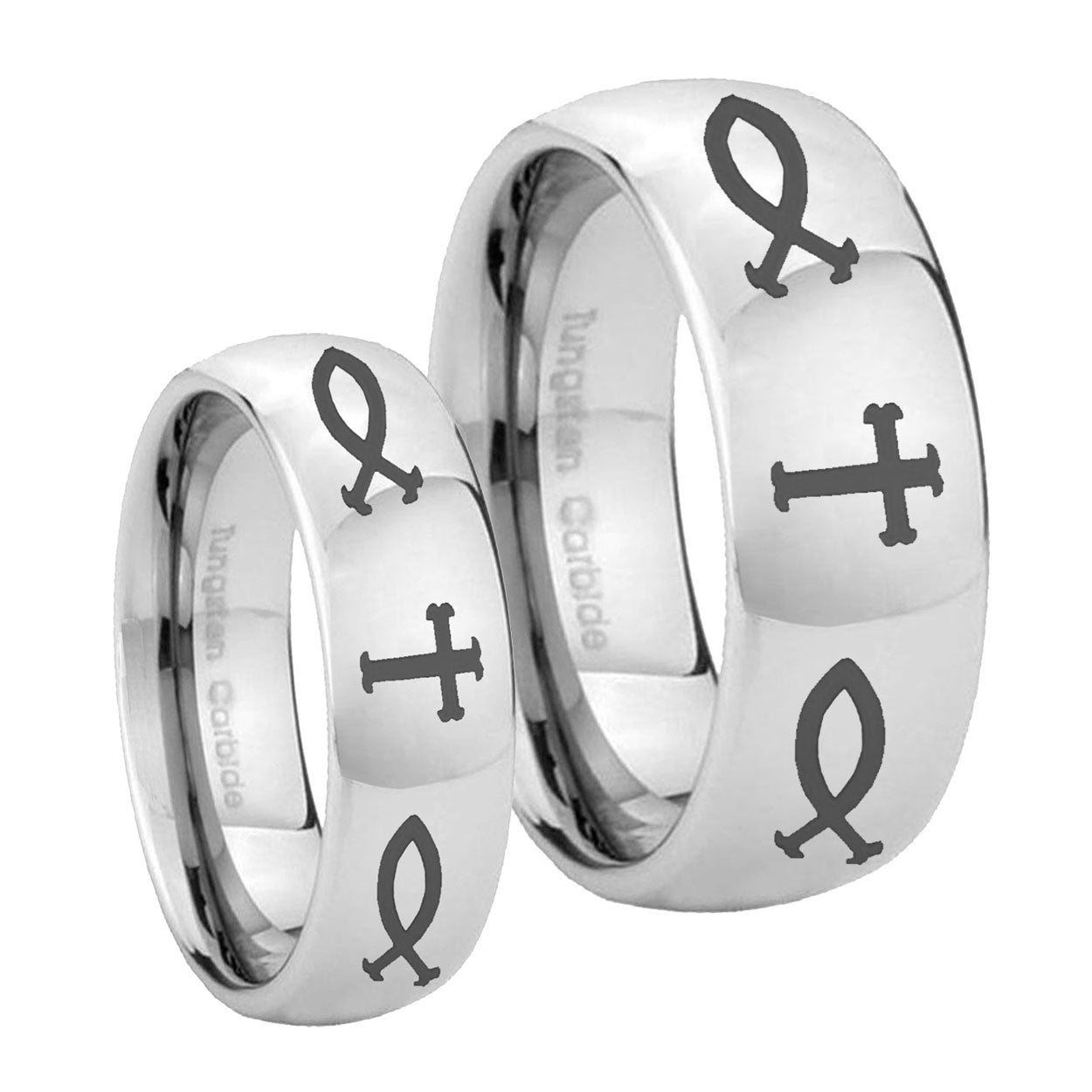 Fish & Cross Mirror Dome Tungsten His and Hers