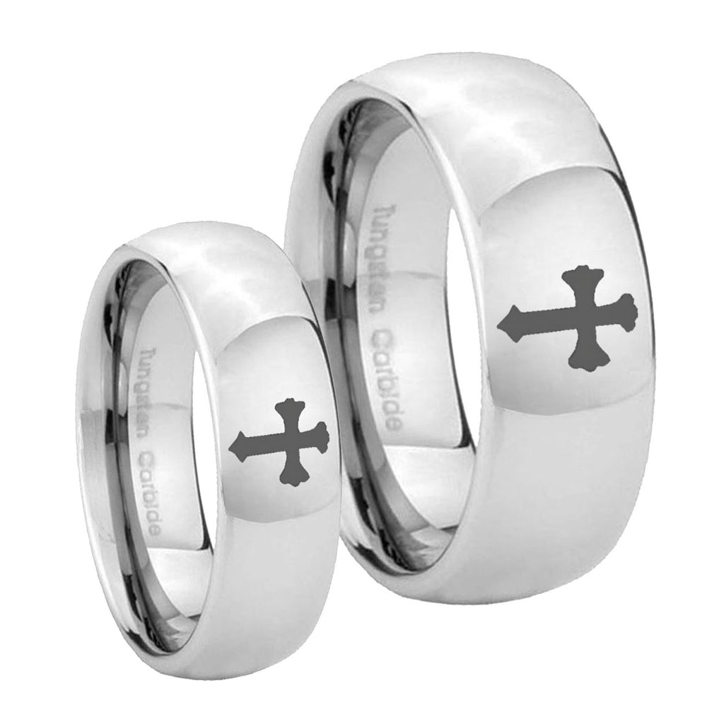 Flat Christian Cross Mirror Dome Tungsten Bridal Band Set