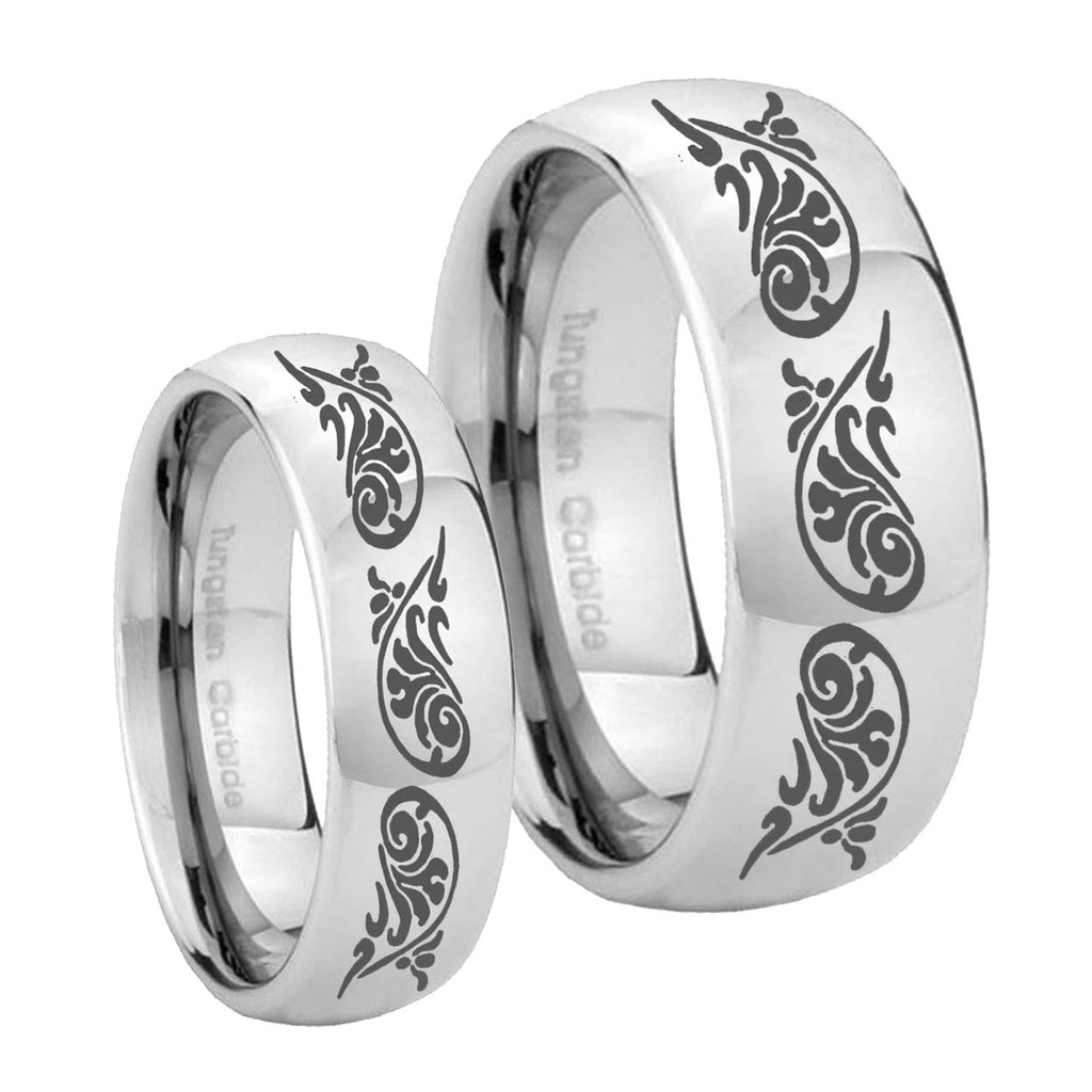 Etched Tribal Pattern Mirror Dome Tungsten Mens Set Rings