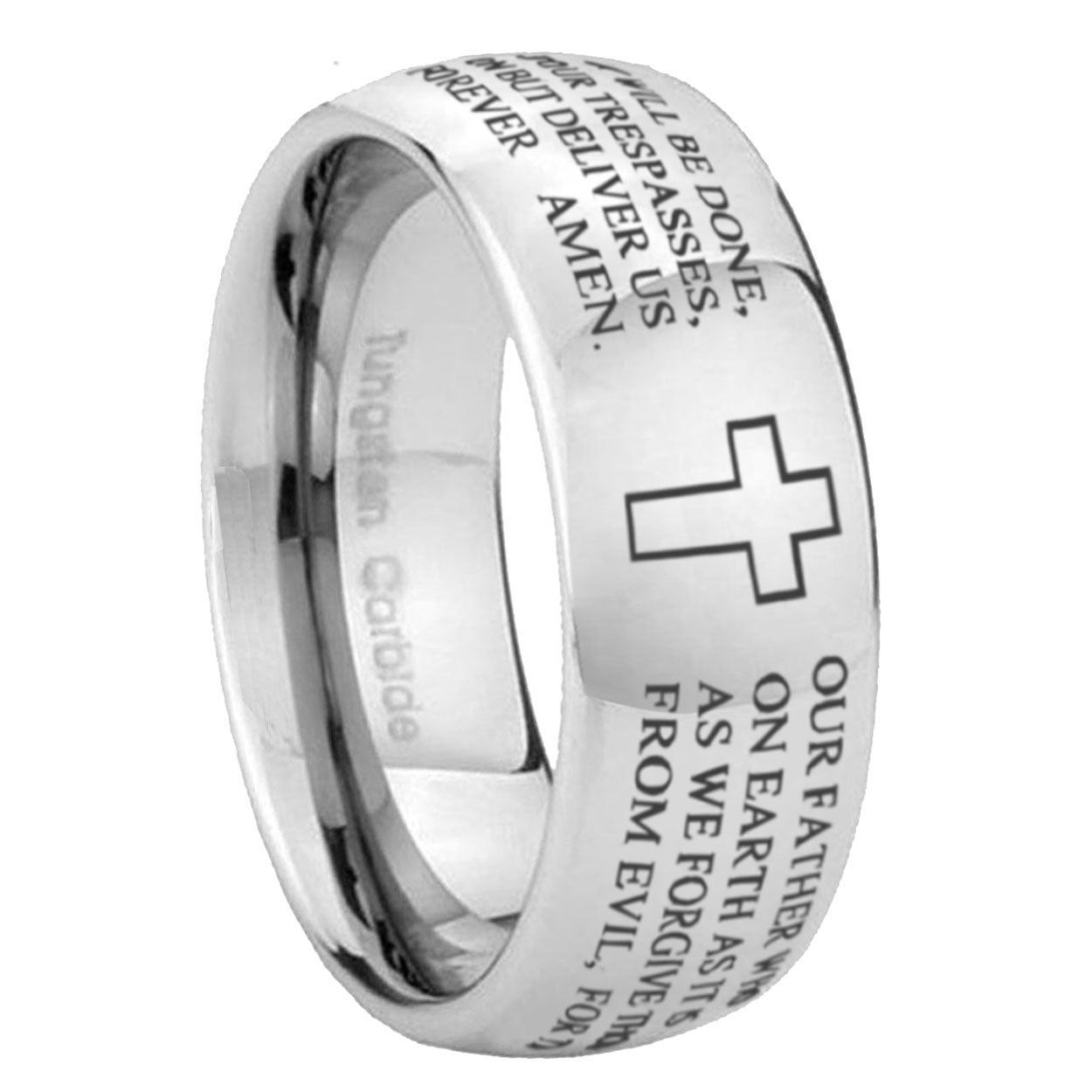 10mm Etched Lord's Prayer Cross Mirror Dome Tungsten Carbide Men's Promise Rings