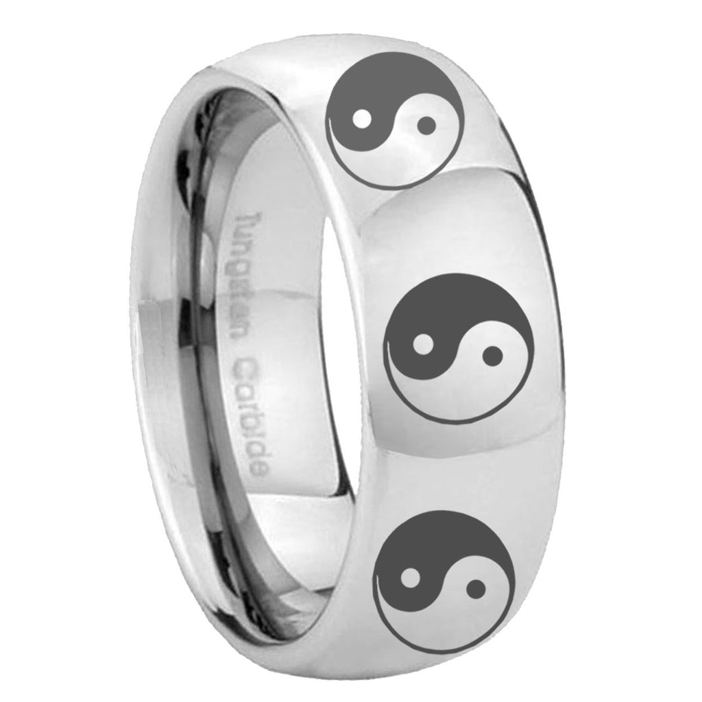 8MM Multiple Yin Yang Dome Polish Silver Tungsten Ring Men
