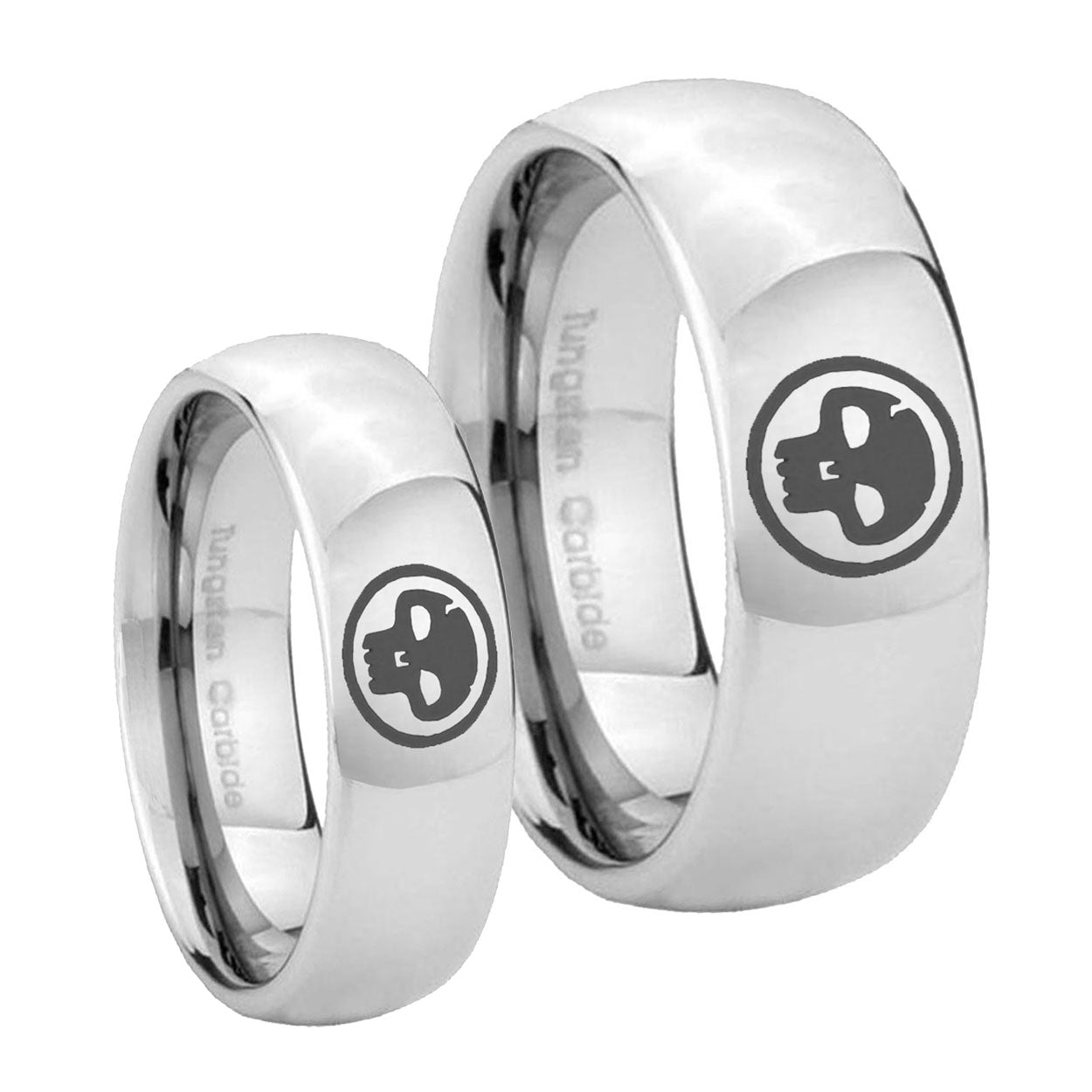 Skull Mirror Dome Tungsten Wedding Band Set