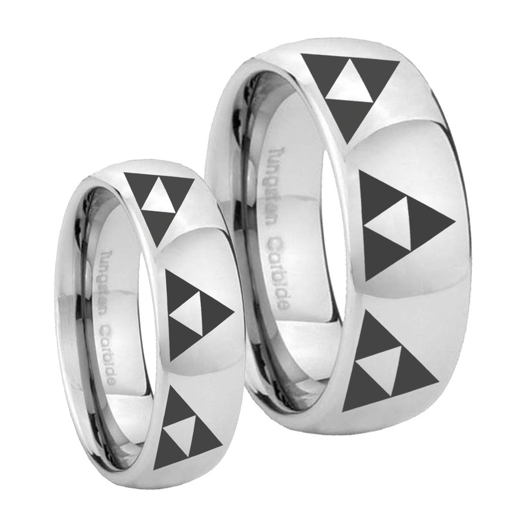 Multiple Zelda Triforce Mirror Dome Tungsten Bridal Set Ring