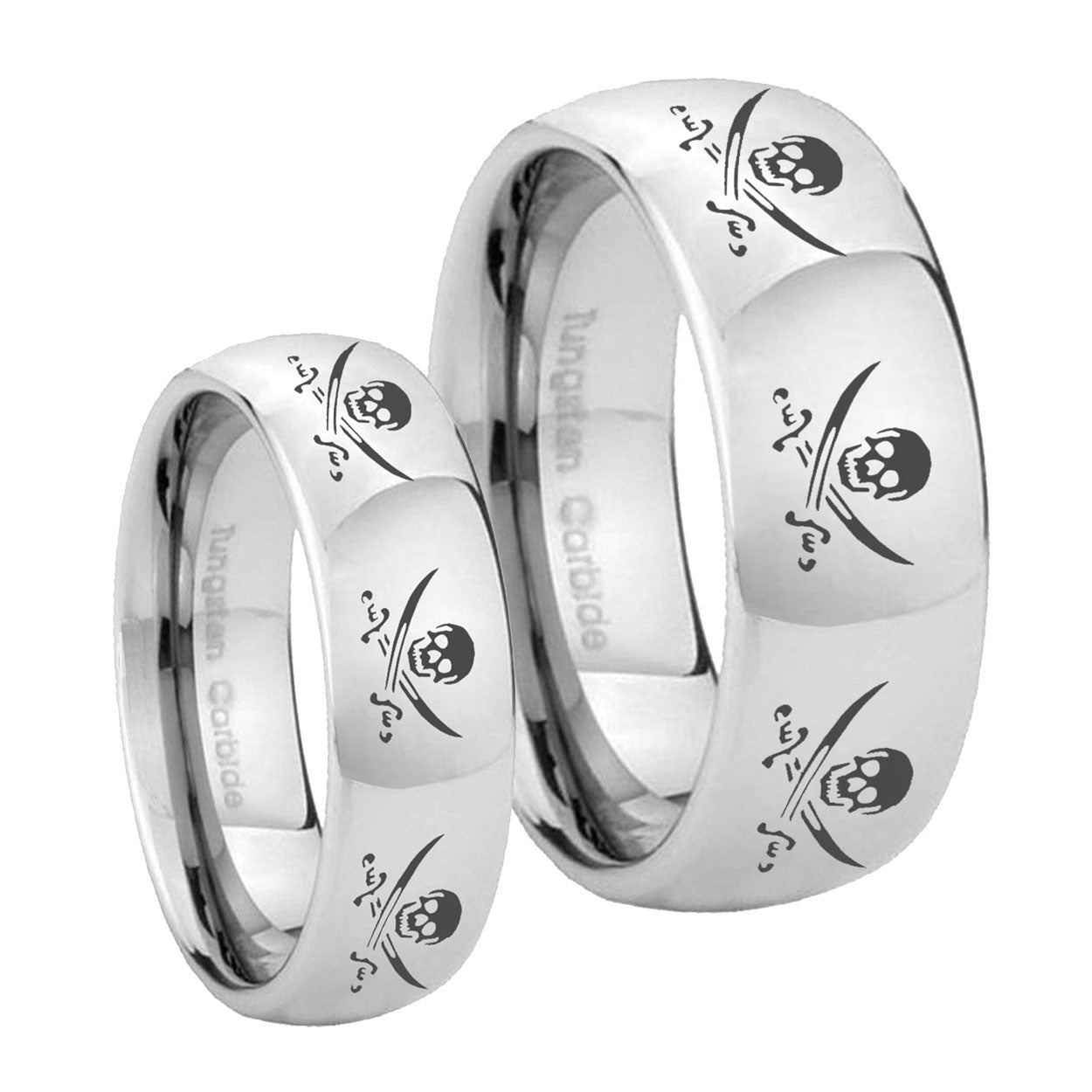 Multiple Skull Pirate Mirror Dome Tungsten Couples Ring Set