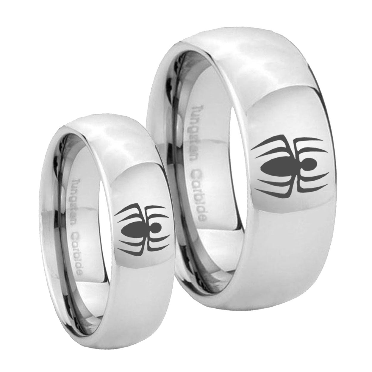 Spiderman Mirror Dome Tungsten Wedding Set Rings