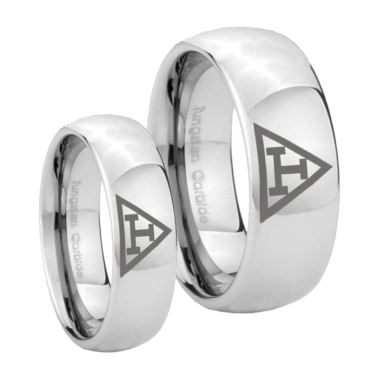 Masonic Triple Mirror Dome Tungsten Bridal Band Set