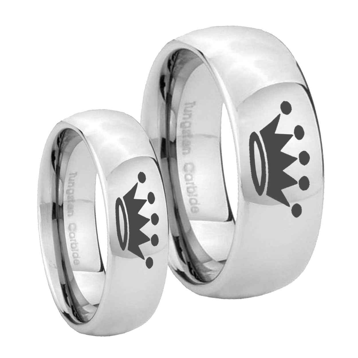 Crown Mirror Dome Tungsten Wedding Set Rings