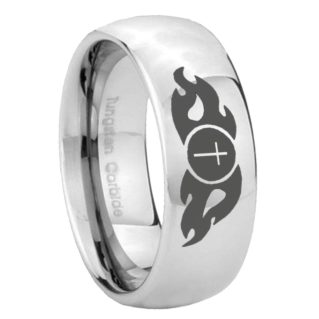 8MM Flamed Cross Dome Polish Silver Tungsten Ring Men