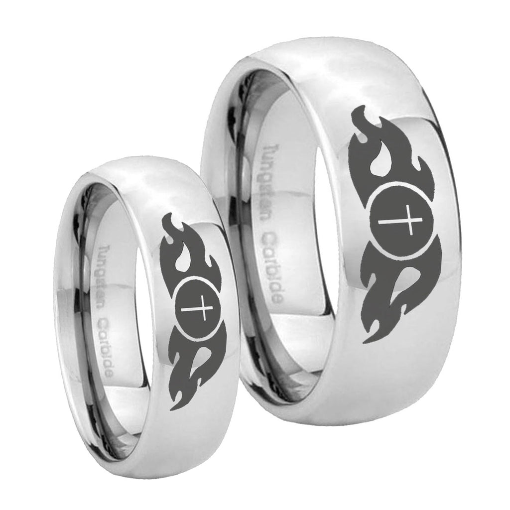 Flamed Cross Mirror Dome Tungsten Mens Set Rings