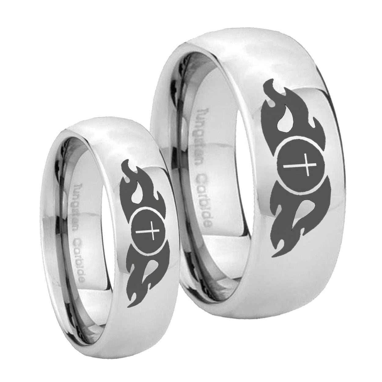 Flamed Cross Mirror Dome Tungsten Mens Set Rings