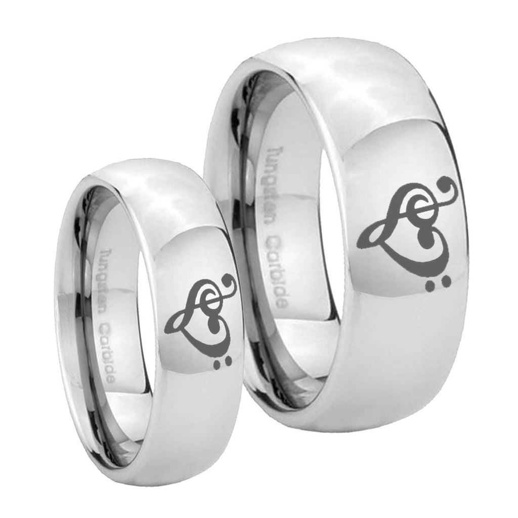 Music & Heart Mirror Dome Tungsten Matching Ring Set