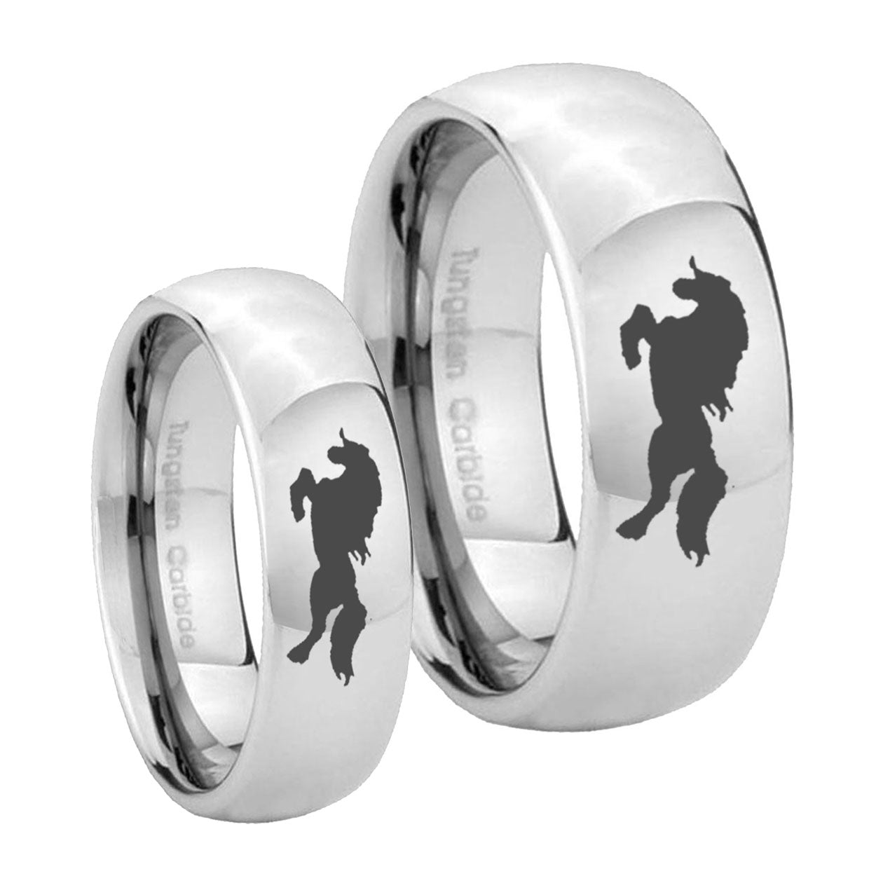 Horse Mirror Dome Tungsten Wedding Ring Sets
