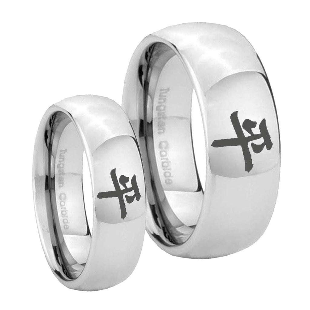 Kanji Peace Mirror Dome Tungsten His Hers Ring Set