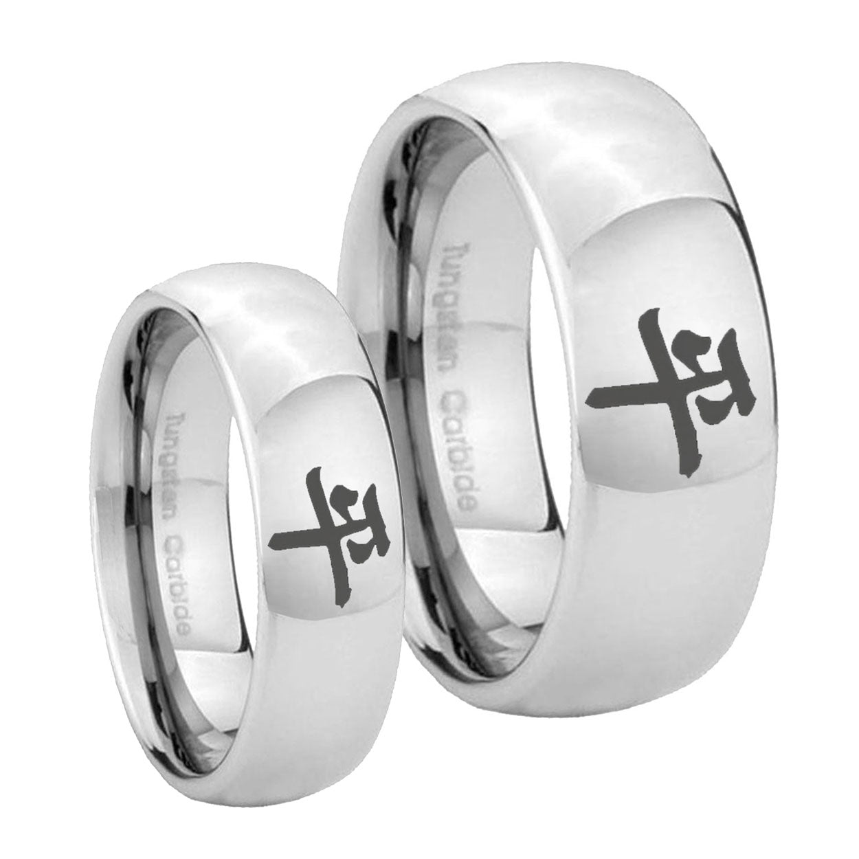 Kanji Peace Mirror Dome Tungsten His Hers Ring Set