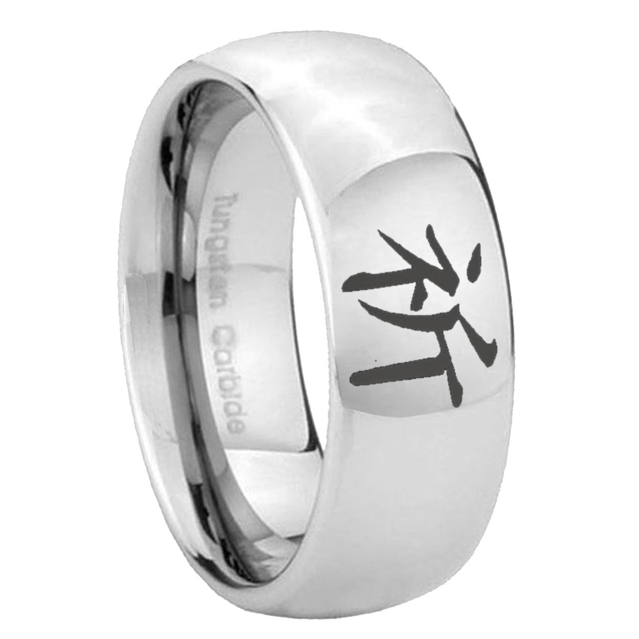 8MM Kanji Prayer Dome Polish Silver Tungsten Engrave Man Ring