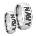 Navy Mirror Dome Tungsten Bridal Set Rings