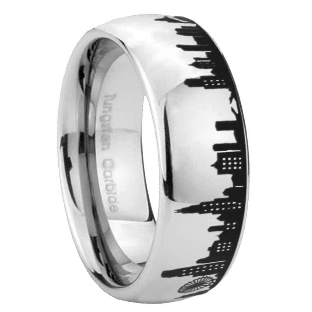8MM Chicago City Dome Polish Gray Tungsten Mens Wedding Bands