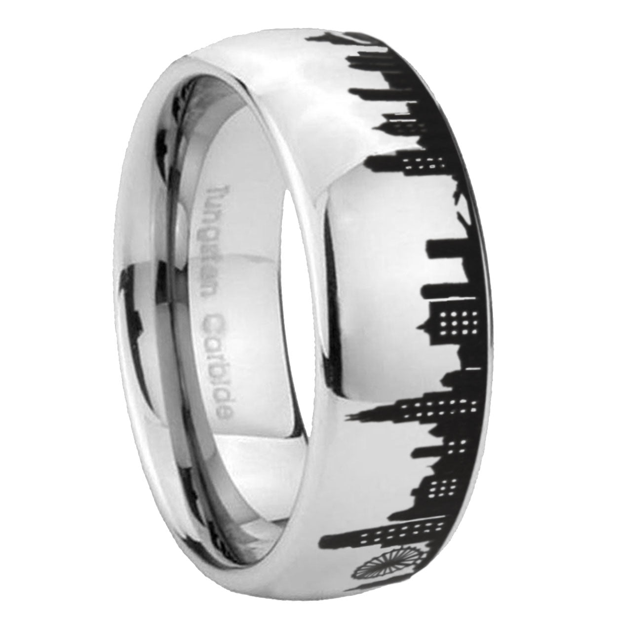 8MM Chicago City Dome Polish Gray Tungsten Mens Wedding Bands