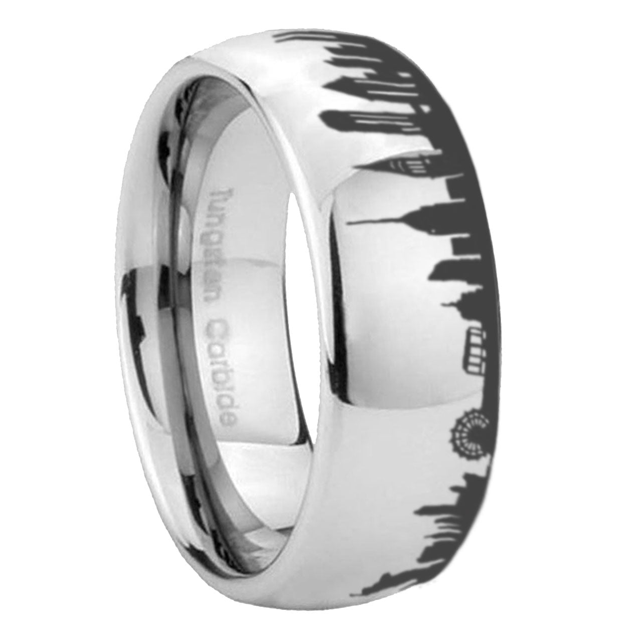 8MM NY New York City Dome Polish Gray Tungsten Wedding Ring