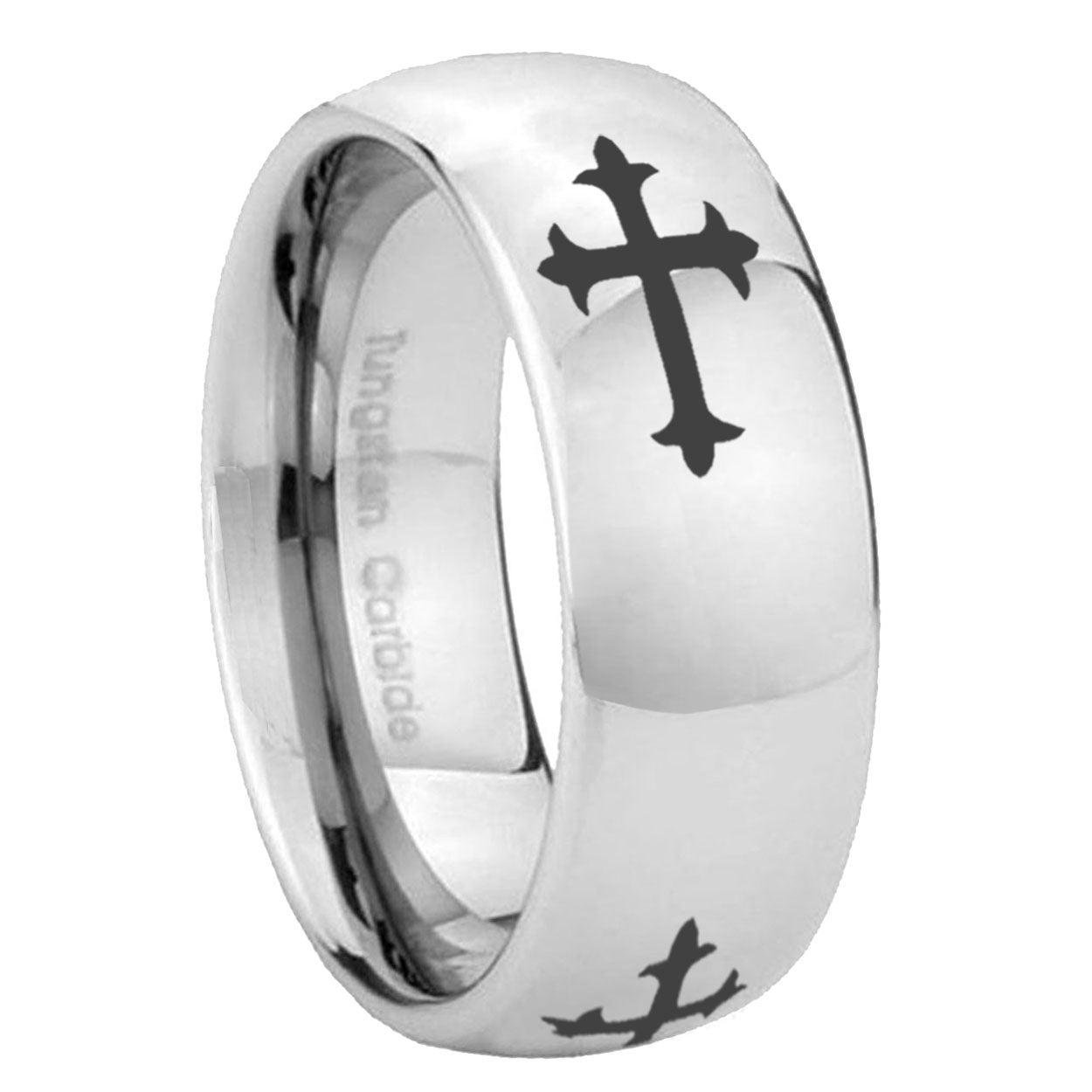 8MM Christian Cross Religious Dome Polish Silver Tungsten Mens Ring