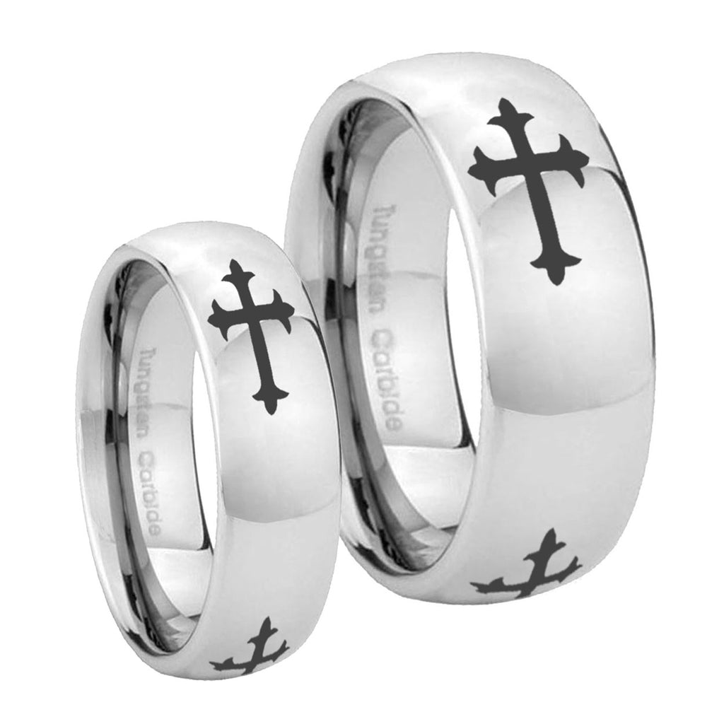 Christian Cross Religious Mirror Dome Tungsten Mens Set Rings