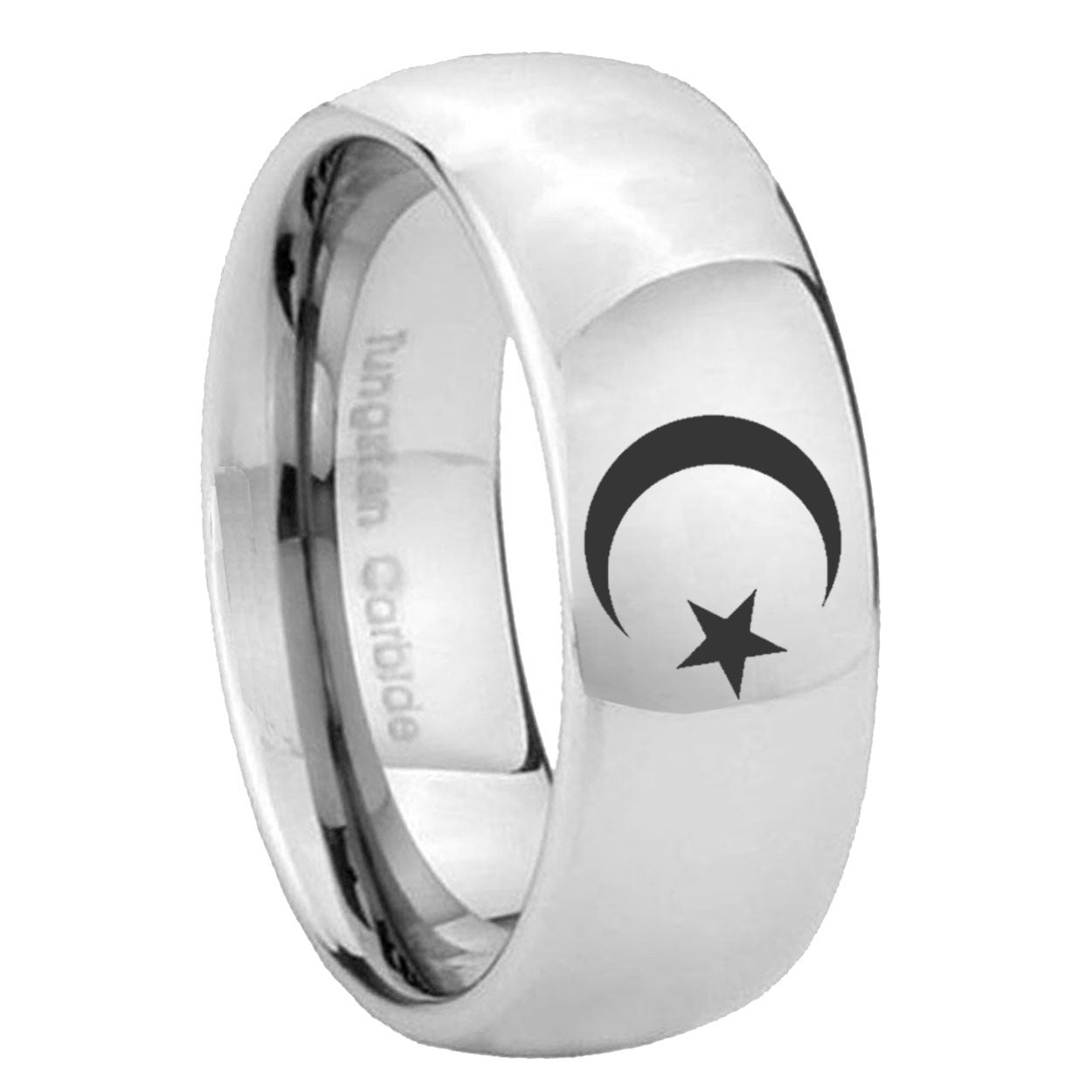 8MM Crescent Moon Stars Dome Polish Silver Tungsten Engravable Ring