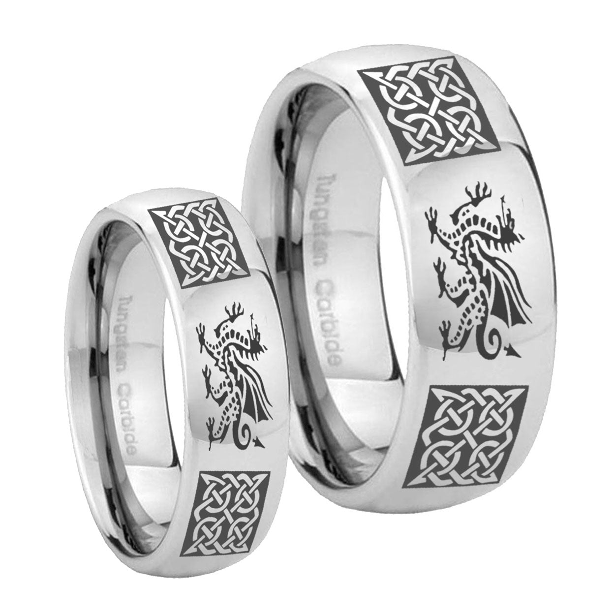 Multiple Dragon Celtic Mirror Dome Tungsten Mens Set Ring