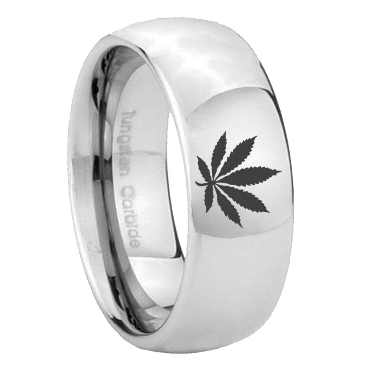 8MM Marijuana Leaf Dome Polish Silver Tungsten Rings For Men