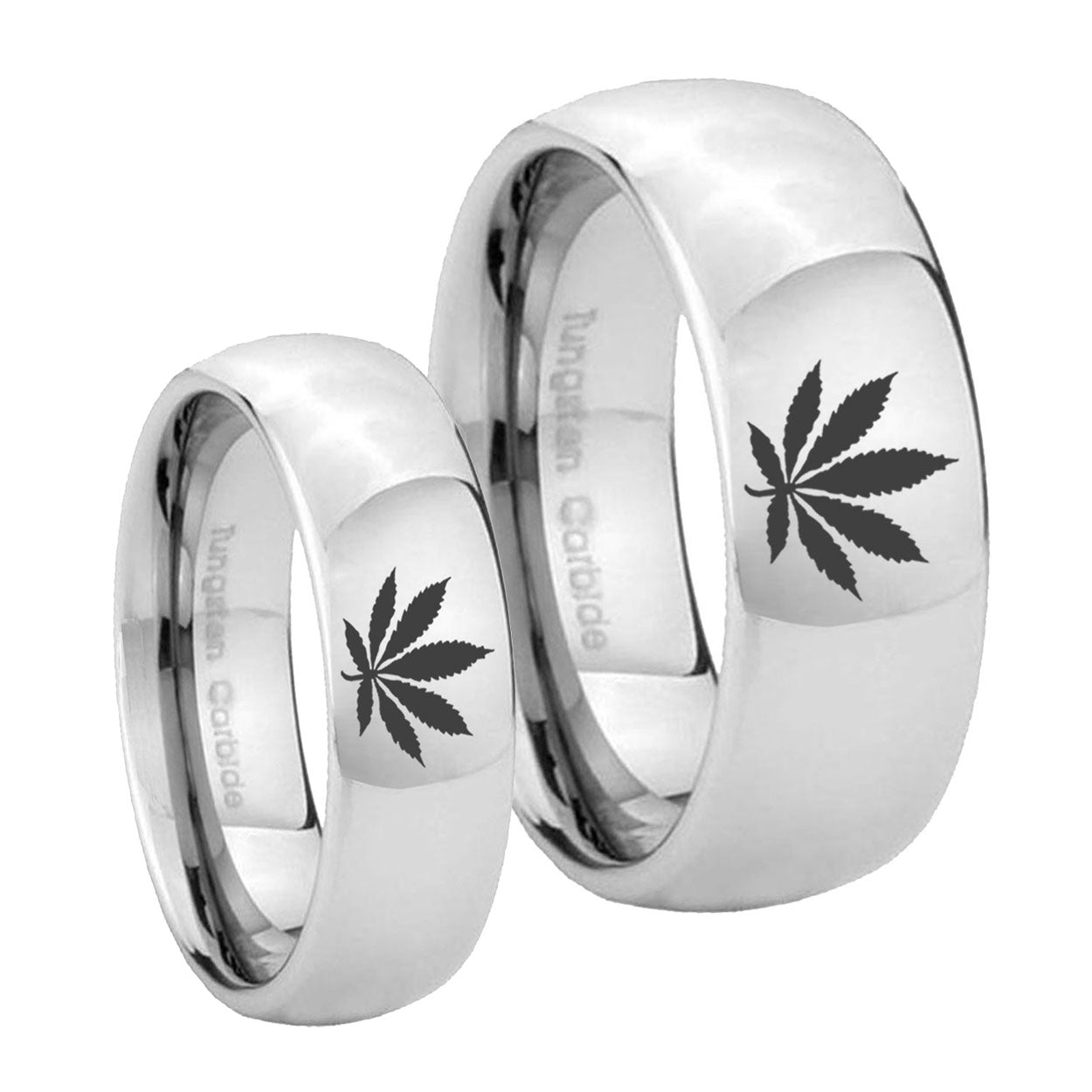 Marijuana Leaf Mirror Dome Tungsten Bridal Band Set
