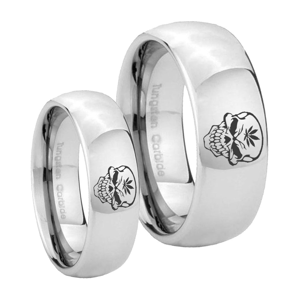 Skull Marijuana Leaf Mirror Dome Tungsten Couples Ring Set