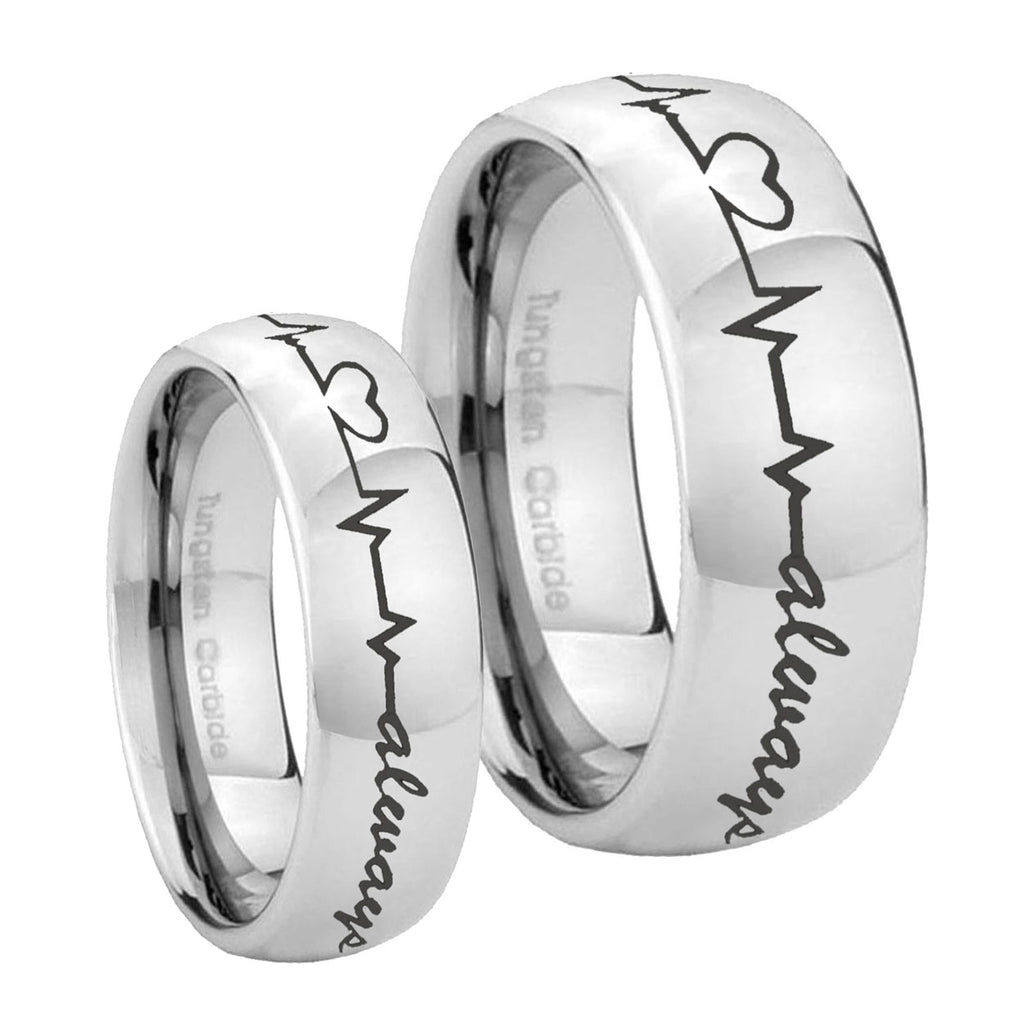 Heart Beat forever Heart always Mirror Dome Tungsten His Hers Set Rings