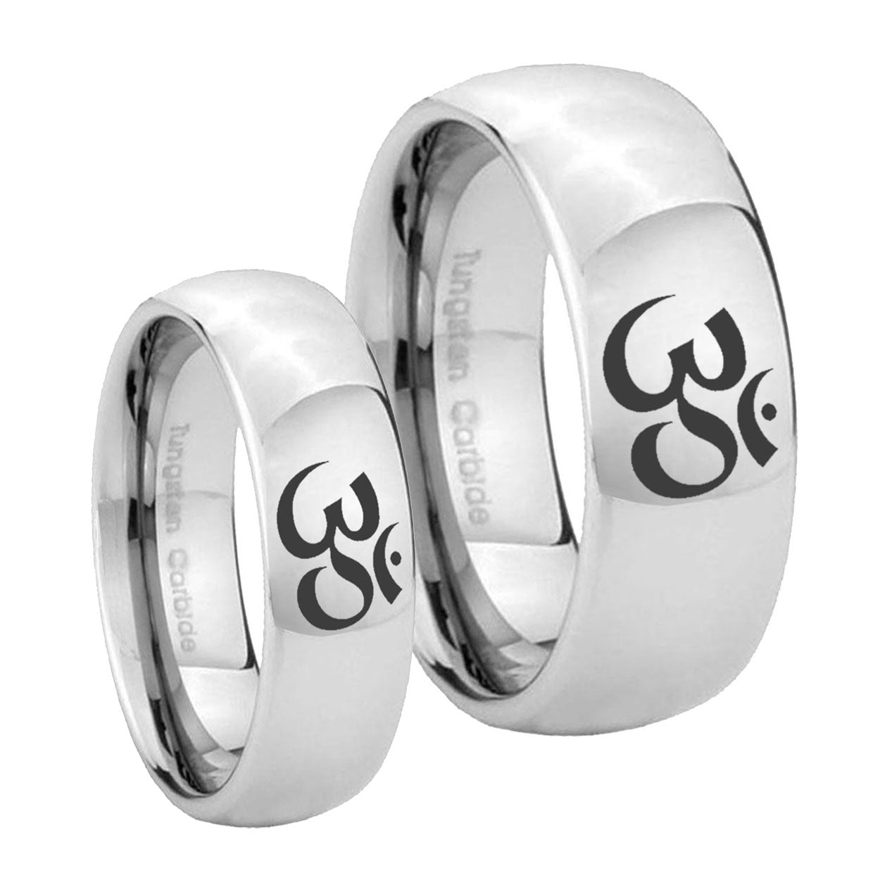 Om Aum Yoga Mirror Dome Tungsten Bridal Ring Set
