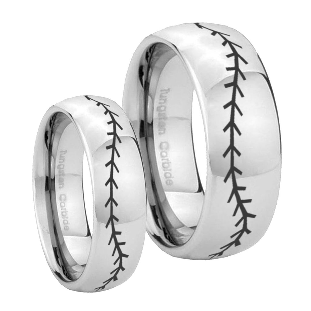 Baseball Stitch Mirror Dome Tungsten His Hers Ring Set