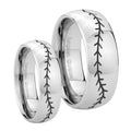 Baseball Stitch Mirror Dome Tungsten His Hers Ring Set