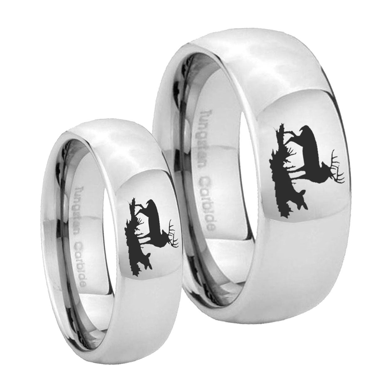 Deer Hunting Mirror Dome Tungsten Wedding Set Ring