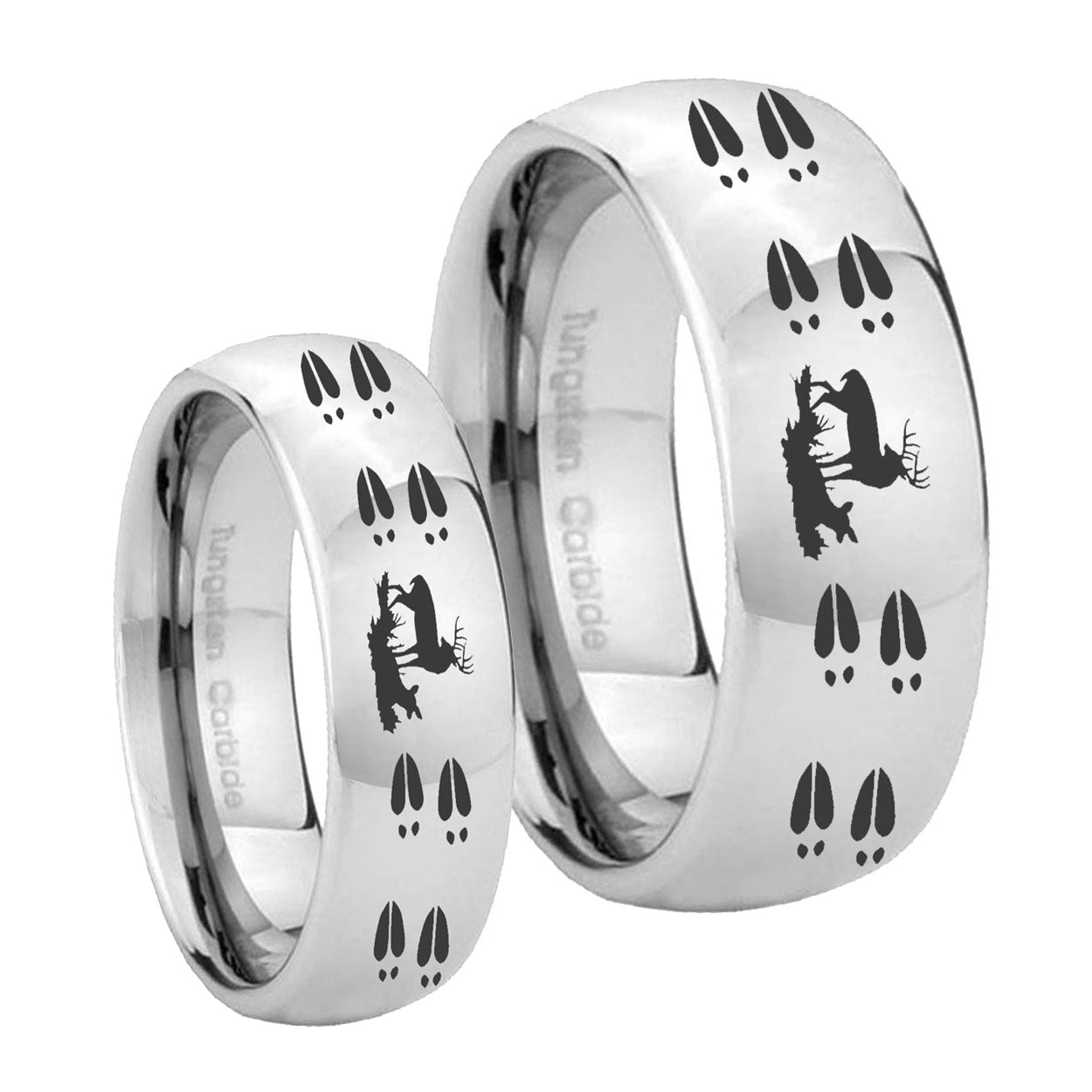 Deer Hunting Tracks Mirror Dome Tungsten Wedding Band Set