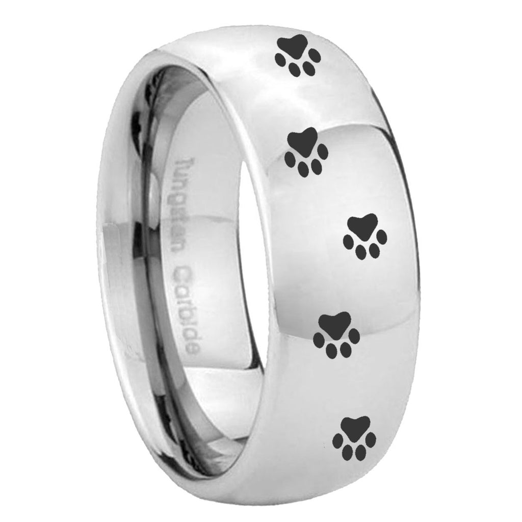 8MM Paw Print Dome Polish Silver Tungsten Wedding Band For Men