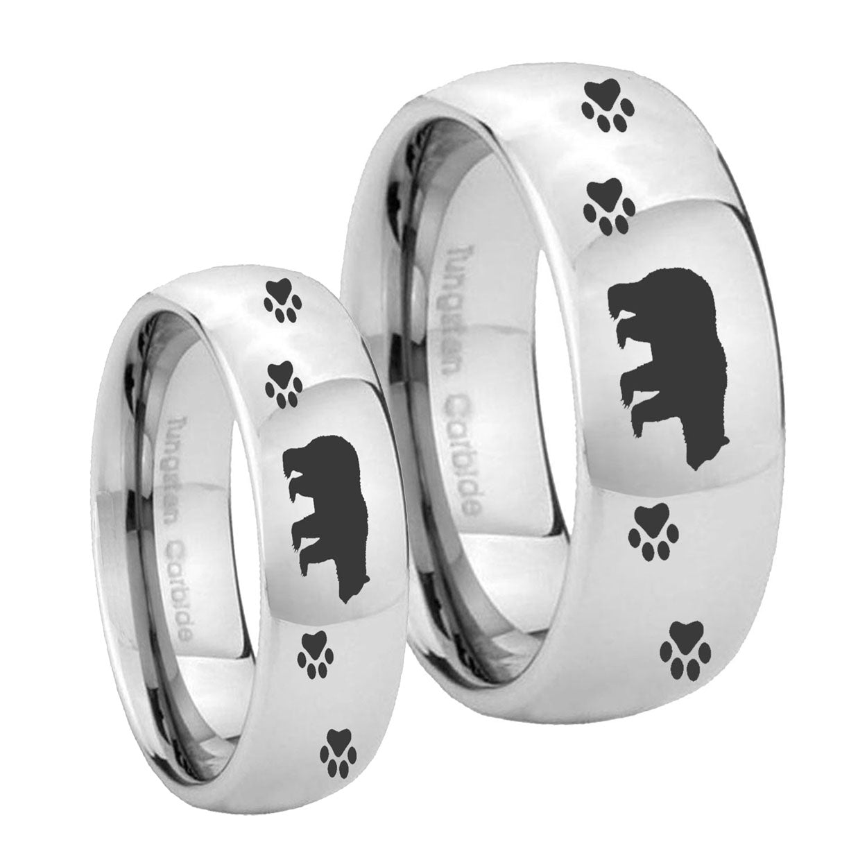 Bear and Paw Mirror Dome Tungsten Couple Rings