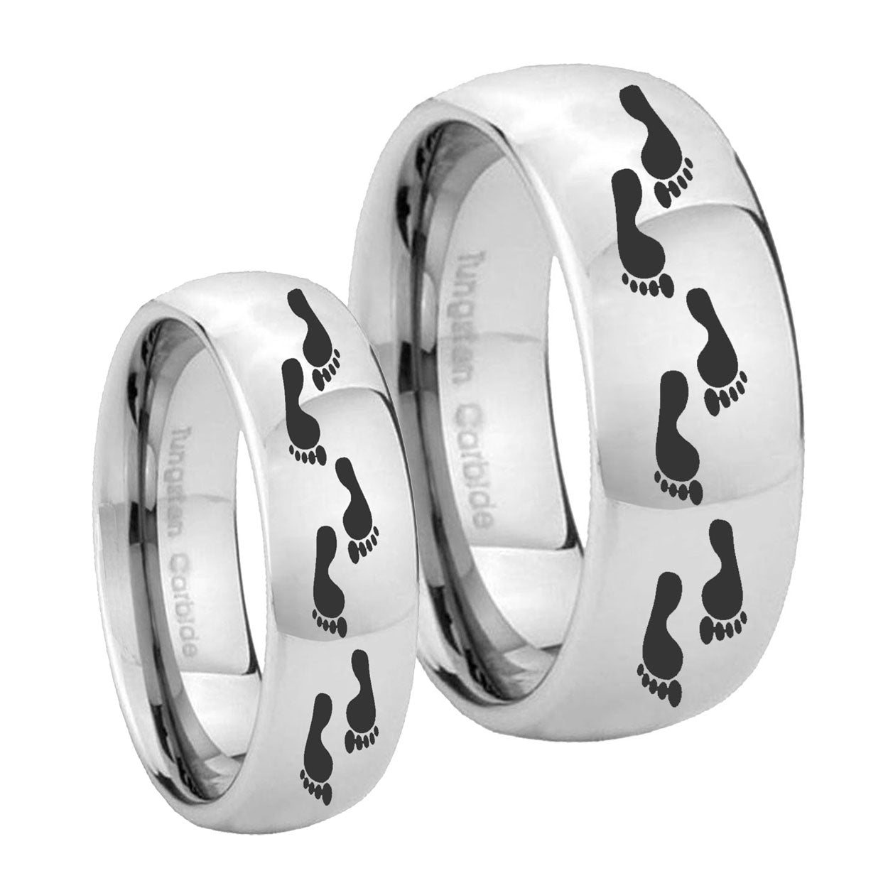Foot Print Mirror Dome Tungsten Wedding Set Rings