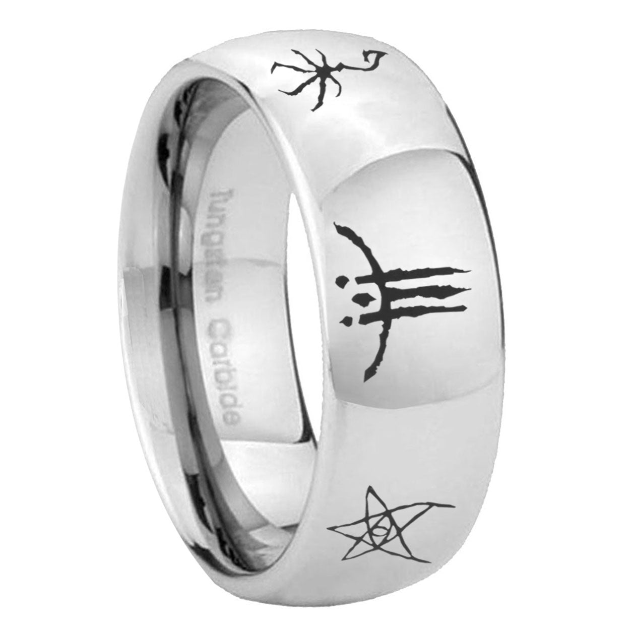 8MM Blackborne Caryll Runes Dome Polish Silver Tungsten Wedding Band