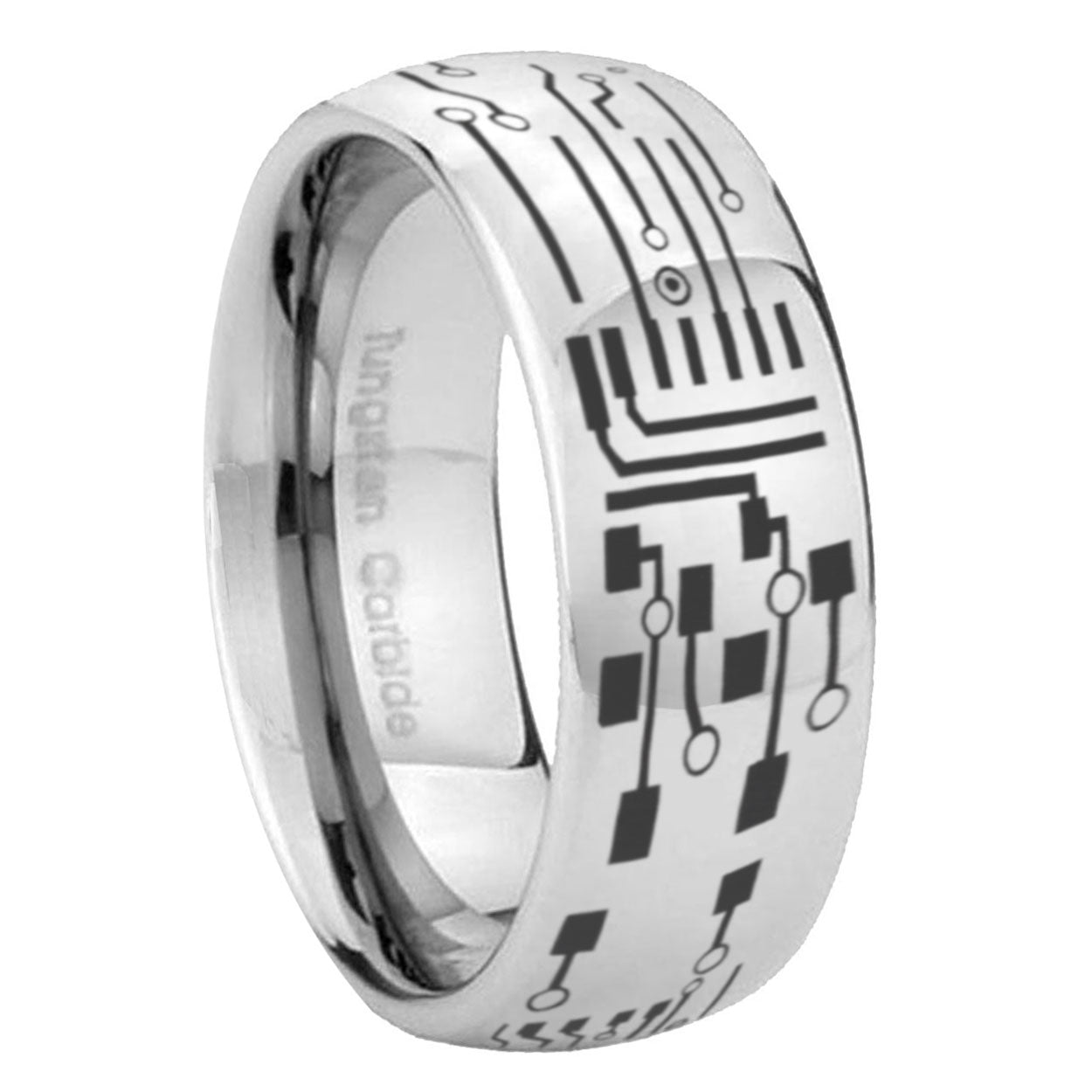8MM Circuit Board Dome Polish Silver Tungsten Wedding Band