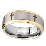 8mm-Crosses-Step-Edges-Gold-2-Tone-Tungsten-Carbide-Men's-Ring