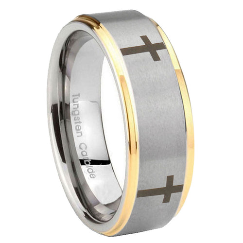 8mm Crosses Step Edges Gold 2 Tone Tungsten Men's Ring